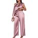 Women's Clothing Summer Casual Women's Satin Suit Oblique Collar Short Sleeved Top Trousers Suit_ecoleips.com