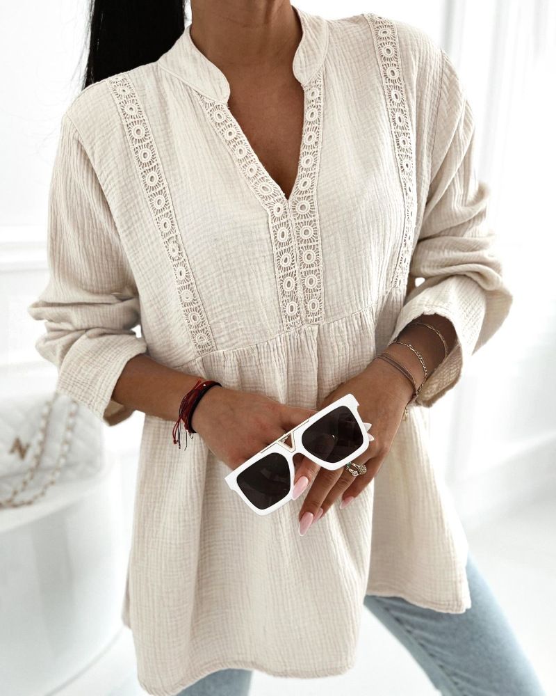 Women's Clothing V Neck Lace Trim Oversized Blouse Flowy Loose Fit Casual Shirt_ecoleips.com