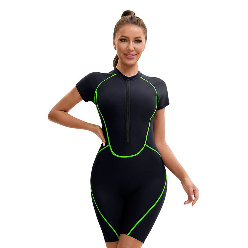Women's Clothing Short Sleeved Zippered Boxer Swimsuit Female Sexy Three Quarter Pants Surfing Suit Tight Diving Suit Swimsuit_ecoleips.com