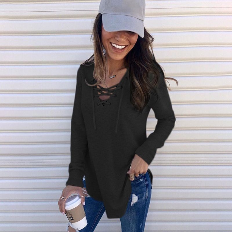 Autumn/Winter Solid Color V-Neck T-Shirt With Loose-Fitting Straps_ecoleips.com