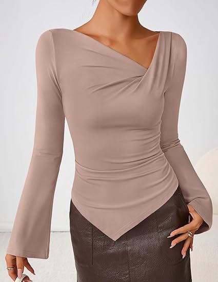 Women's Asymmetrical Neck T-Shirt Slim Fit Top Autumn Winter New Style Clothing_ecoleips.com