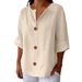 Women's V Neck T-Shirt Loose Fitting Cotton Linen Button Top European American Style Spring Summer New Arrival_ecoleips.com