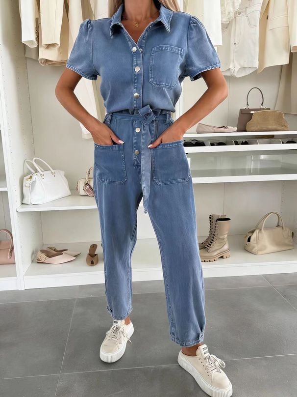 Women's Washed Denim Jumpsuit Lightweight Summer Romper Relaxed Fit Casual Wide Leg Pants V-Neck Short Sleeve Outfit_ecoleips.com