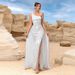 Women's Clothing White Sequined One Shoulder High Waist High Slit Wedding Bridesmaid Dress Evening Dress_ecoleips.com