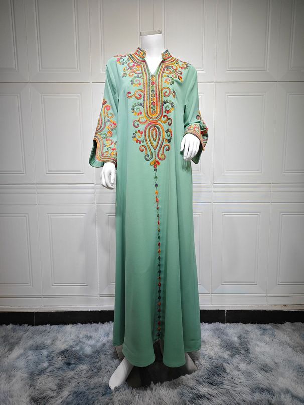 Elegant Muslim Abaya Dress – Embroidered Long Sleeve Maxi Dress For Women (Modest Islamic Fashion, Middle Eastern Style)_ecoleips.com