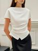 Bonboho Women's Fashion Solid Color Short Sleeve Top Asymmetric Hem Slim Fit T-shirt 2025 Summer Elegant Raglan Sleeve Tees_ecoleips.com