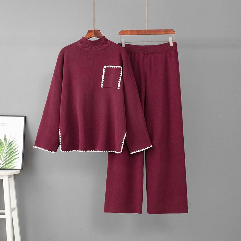 Women's Fashion Trendy Two Piece Set European And American Style Cross Border Jacquard round Neck Loose Top with Straight Leg Pants_ecoleips.com