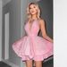 Women's Clothing Glitter Fabric Slim Fit Bright Pink Deep V Neck Ruffled Dress_ecoleips.com