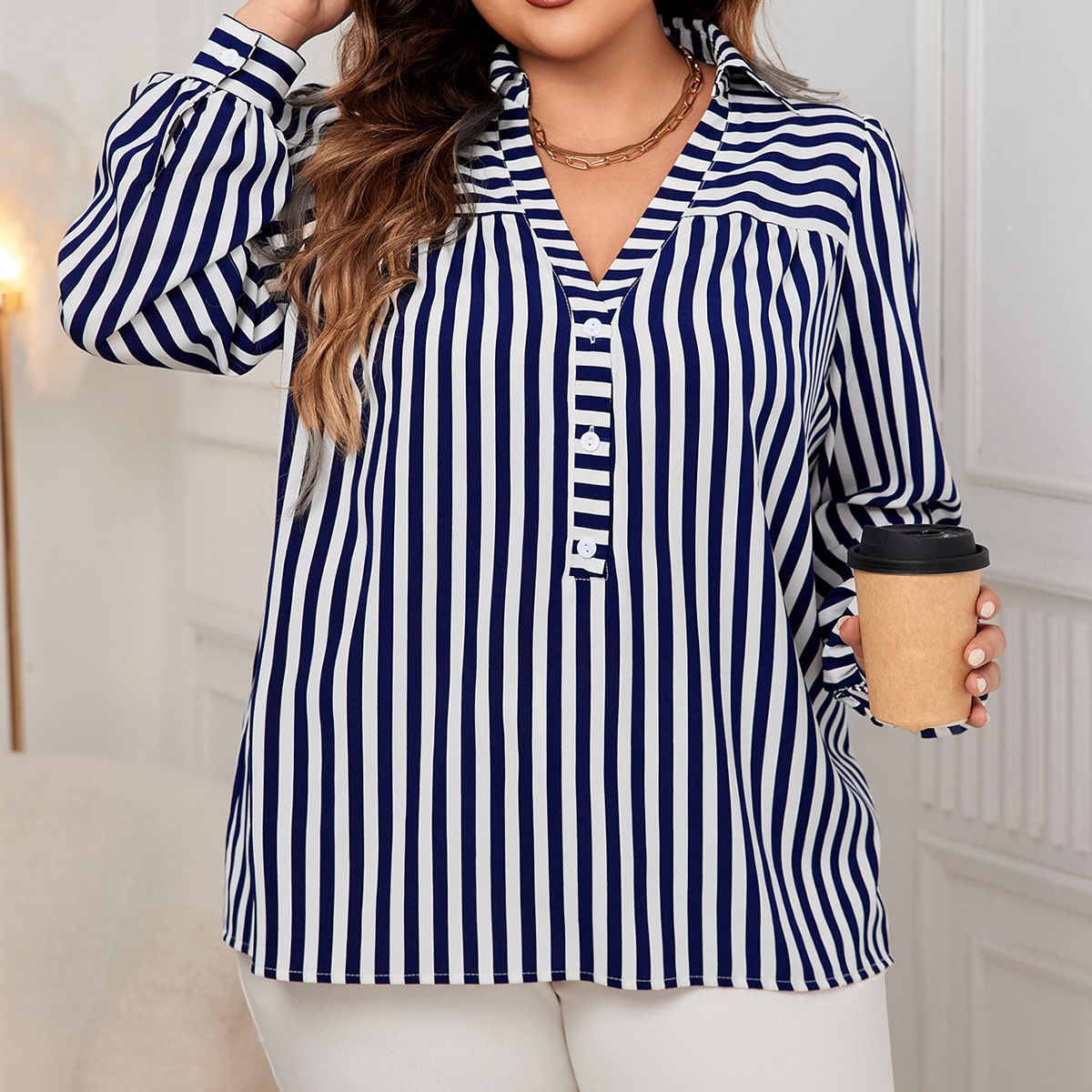 "Stylish Polo Collar Shirt -Inspired Women’s Top For Work & Casual (Dark Blue, XL-4XL)"_ecoleips.com
