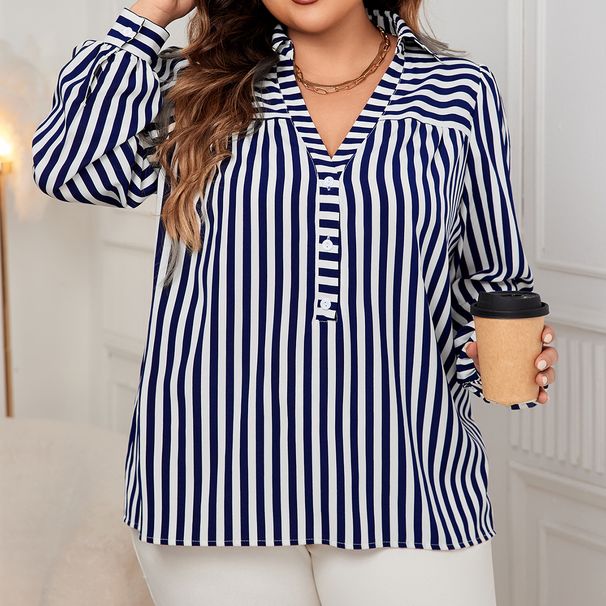 "Stylish Polo Collar Shirt -Inspired Women’s Top For Work & Casual (Dark Blue, XL-4XL)"_ecoleips.com
