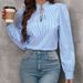 Women's Clothing Half Open Collar Tie Pullover Long Sleeved Temperament Commuter Striped Shirt_ecoleips.com