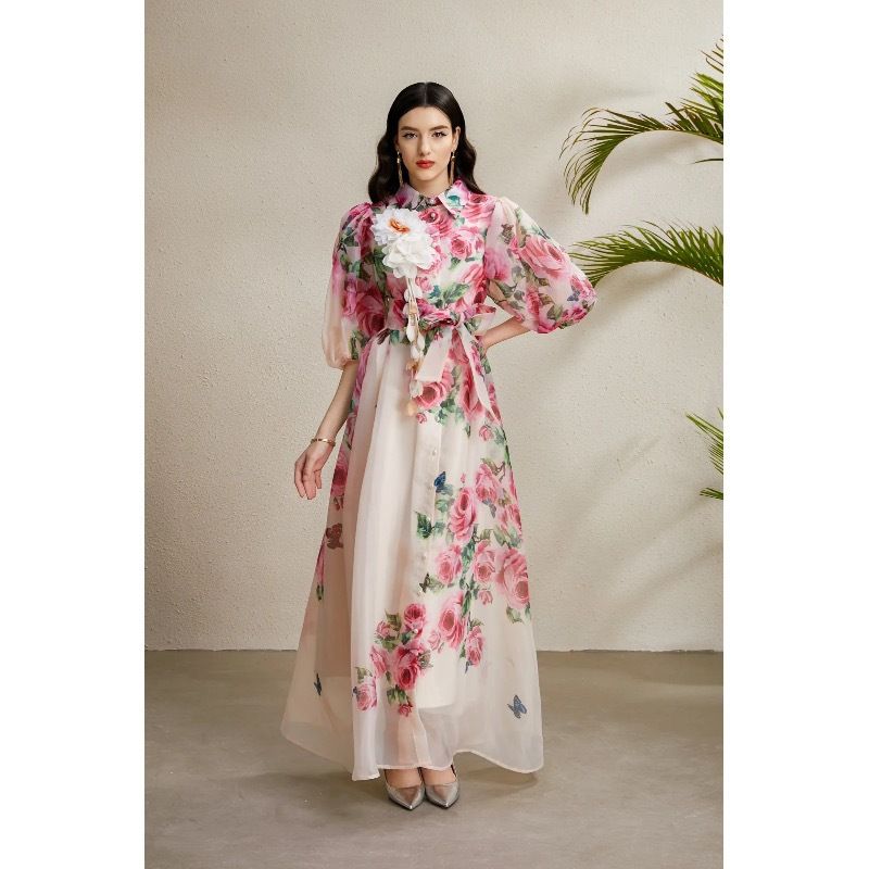 Elegant French Dress For Women Summer Palace Style Waist Hugging 3D Flower Lantern Sleeves Printed Mesh Long Skirt_ecoleips.com