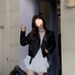 Cool Spicy Leather Jacket Autumn Women Black Turn-down Collar Top Coat Camisole Dress Short Skirt Women's Set_ecoleips.com