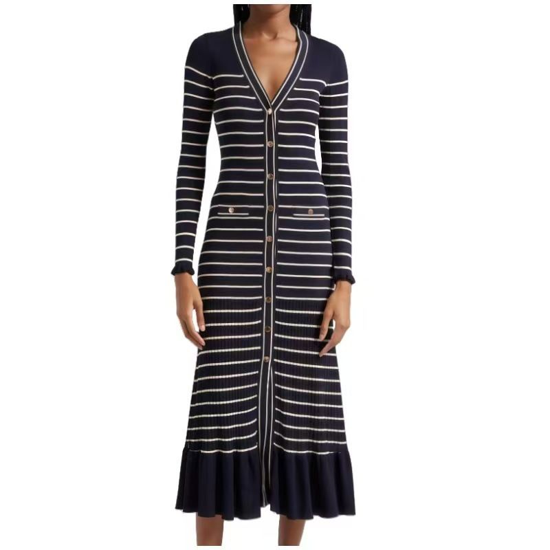 Striped Long Sleeve Knit Dress - V-Neck Lace Trim Wrap Dress (Black/Beige, S/M/L/Xl) Ruffled Long Dress For Women_ecoleips.com