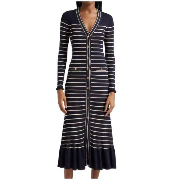 Striped Long Sleeve Knit Dress - V-Neck Lace Trim Wrap Dress (Black/Beige, S/M/L/Xl) Ruffled Long Dress For Women_ecoleips.com