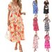 Women's Square Neck Long Dress Chiffon Waist Cinching Floral Print Cake Style Fashion Short Sleeve_ecoleips.com