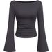 European And American Style Spicy Girl Solid Color Boat Neck Flared T-Shirt For Women 2025 Autumn Slim Fit Ruched_ecoleips.com