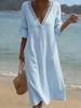 Summer Women's V Neck Dress Solid Color Lace Long Gown American Style Vacation Fashion New_ecoleips.com