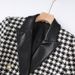 Women's Houndstooth Blazer With PU Collar & Contrast Stitching, Double-Breasted Elegant Office Jacket For Professional Chic Style"_ecoleips.com