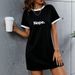 Women's Summer Simple Letter Contrast Color Design Loose Casual Round Neck Dress 012 Print_ecoleips.com
