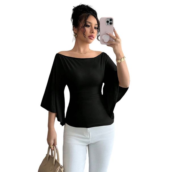Voya Women's Retro Elegant Goddess Style Black One Shoulder Flared Five Quarter Sleeve Slim Fit Waist Cinching Top_ecoleips.com