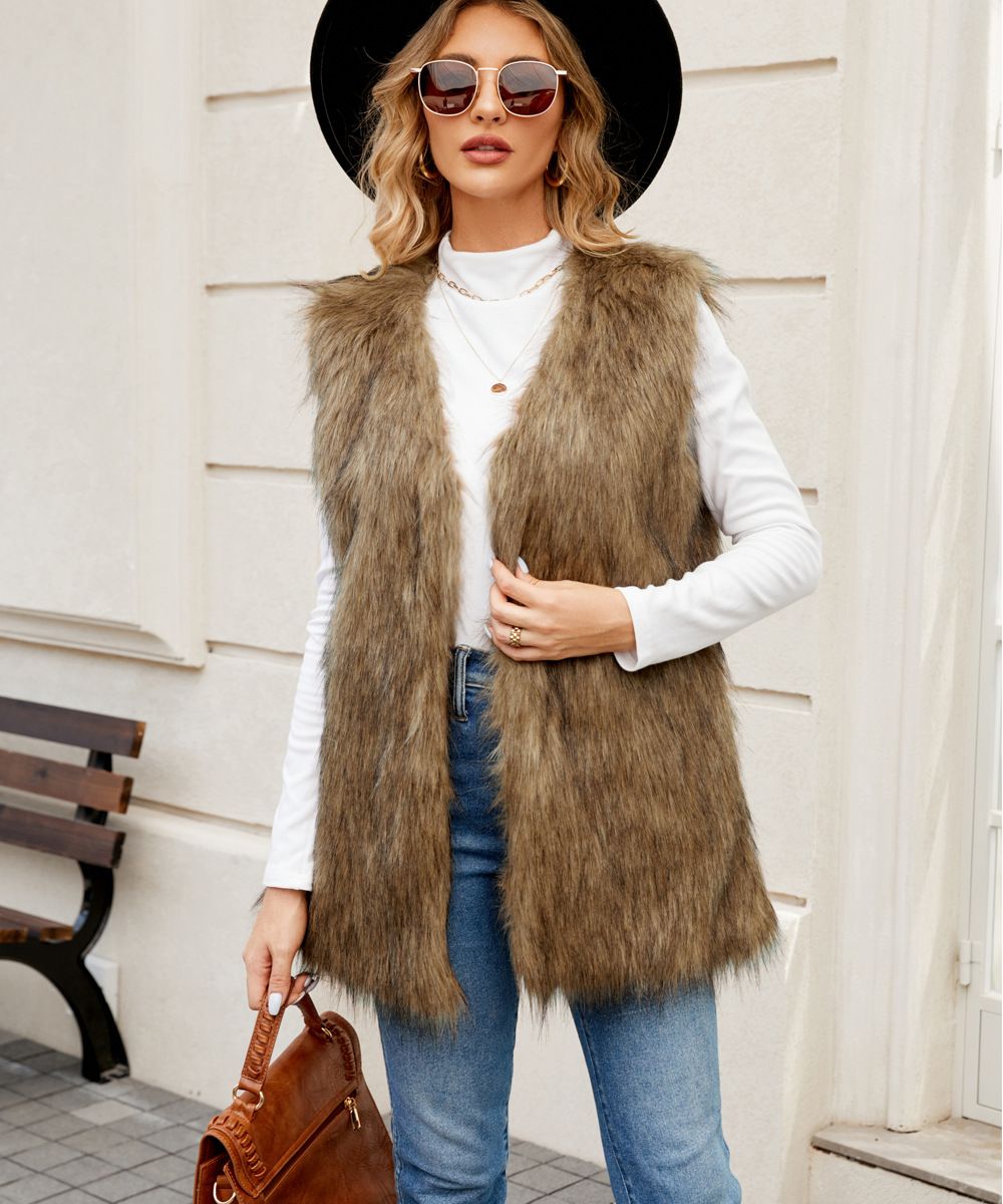Women's Faux Fur Vest V-Neck Elegant Casual Wear Winter Warm Chic Layering Piece_ecoleips.com