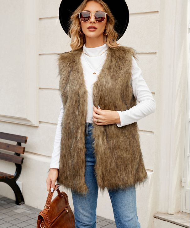 Women's Faux Fur Vest V-Neck Elegant Casual Wear Winter Warm Chic Layering Piece_ecoleips.com