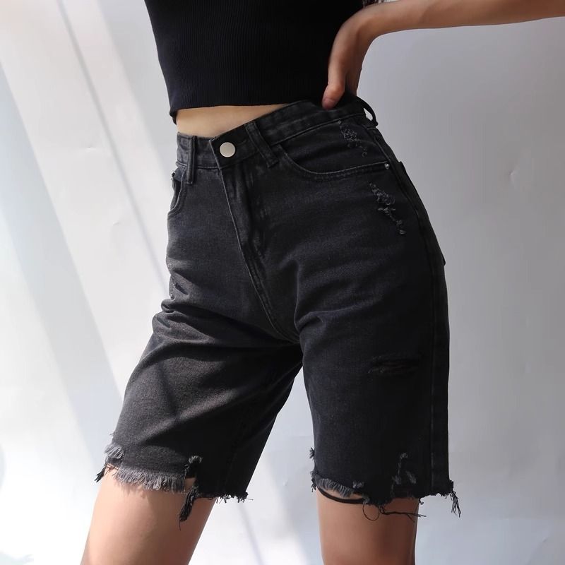Women's Clothing Ripped Denim Shorts High Waist Black Loose Mid Length Pants Straight Five Point Pants_ecoleips.com