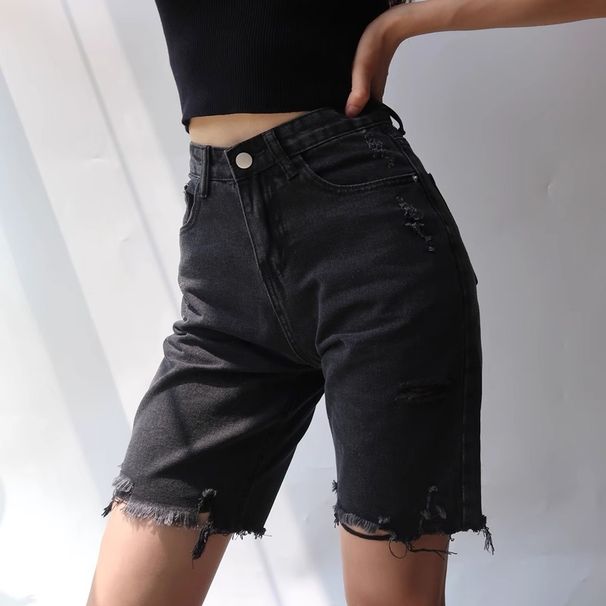 Women's Clothing Ripped Denim Shorts High Waist Black Loose Mid Length Pants Straight Five Point Pants_ecoleips.com