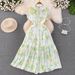 Gentle Long French Retro Style Short Sleeve Turn-Down Collar Waist-Cinching Slimming A-Line Floral Dress Summer_ecoleips.com