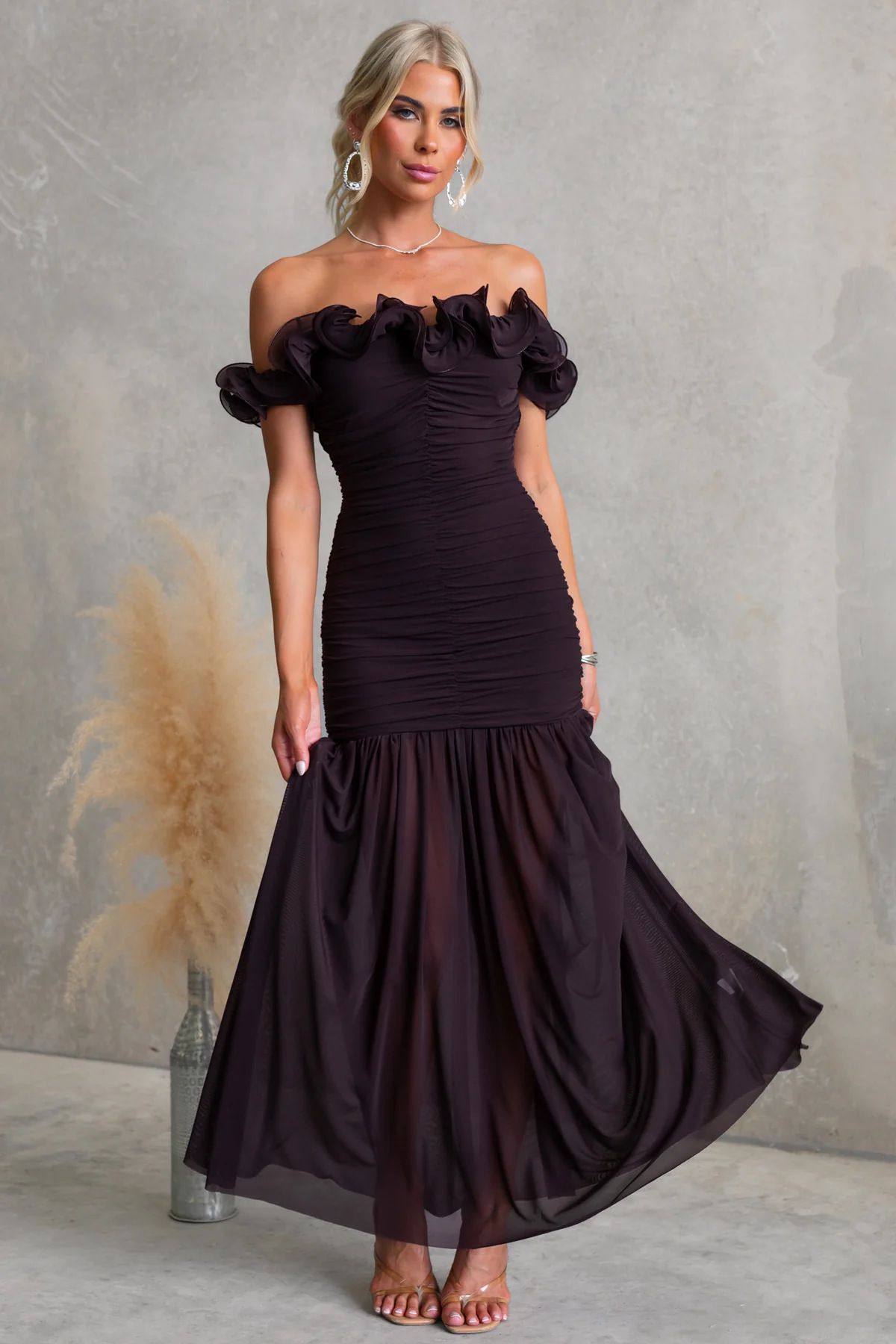 Slim Sexy Off-Shoulder Dress Style Spring/Summer Solid Color Mesh Vacation Wear_ecoleips.com
