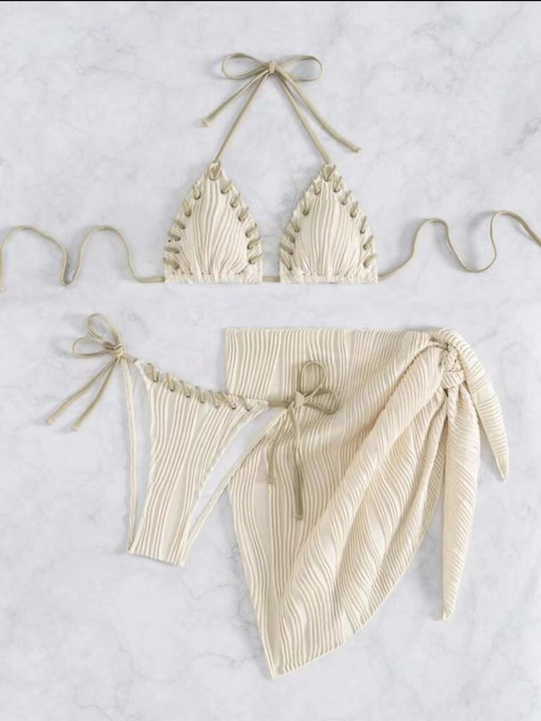 European American Style Solid Color Triangle Cup Strap Bikini Two Piece Sexy Swimwear Set_ecoleips.com