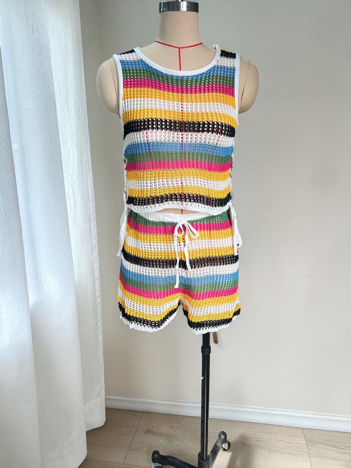 Women's Colorful Hollow Out Drawstring Knit Top And Shorts Beach Vacation Set Short Sleeve Casual Outfit New Arrival_ecoleips.com