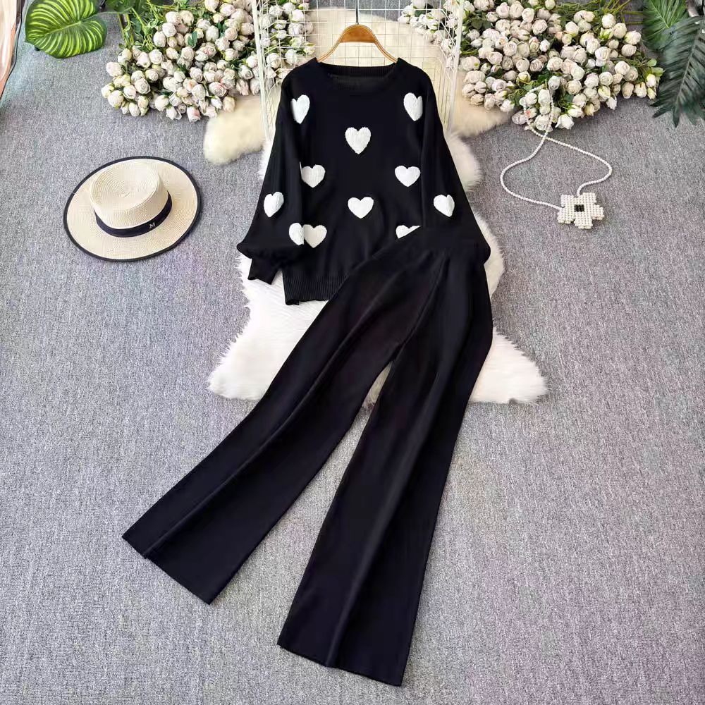 Women's Clothing Fashion Suit For Women Long Sleeve Design Heart Knit Sweater Two Piece Suit Casual High Waist Slim Wide Leg Pants_ecoleips.com