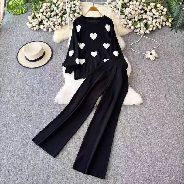 Women's Clothing Fashion Suit For Women Long Sleeve Design Heart Knit Sweater Two Piece Suit Casual High Waist Slim Wide Leg Pants_ecoleips.com