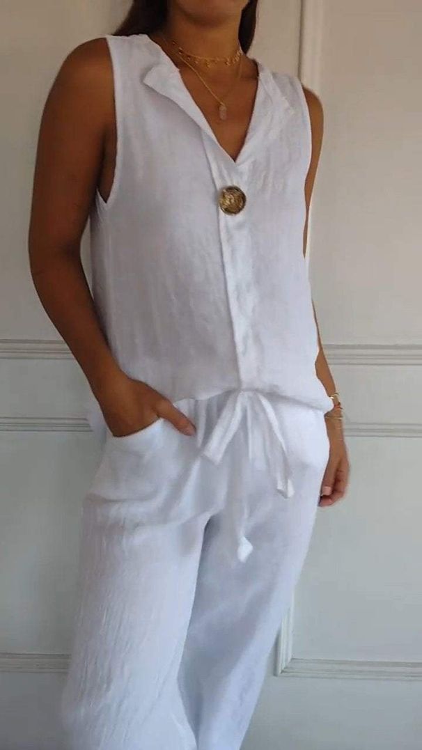 Women's Clothing V Neck Cotton And Linen Sleeveless Casual Shirt_ecoleips.com