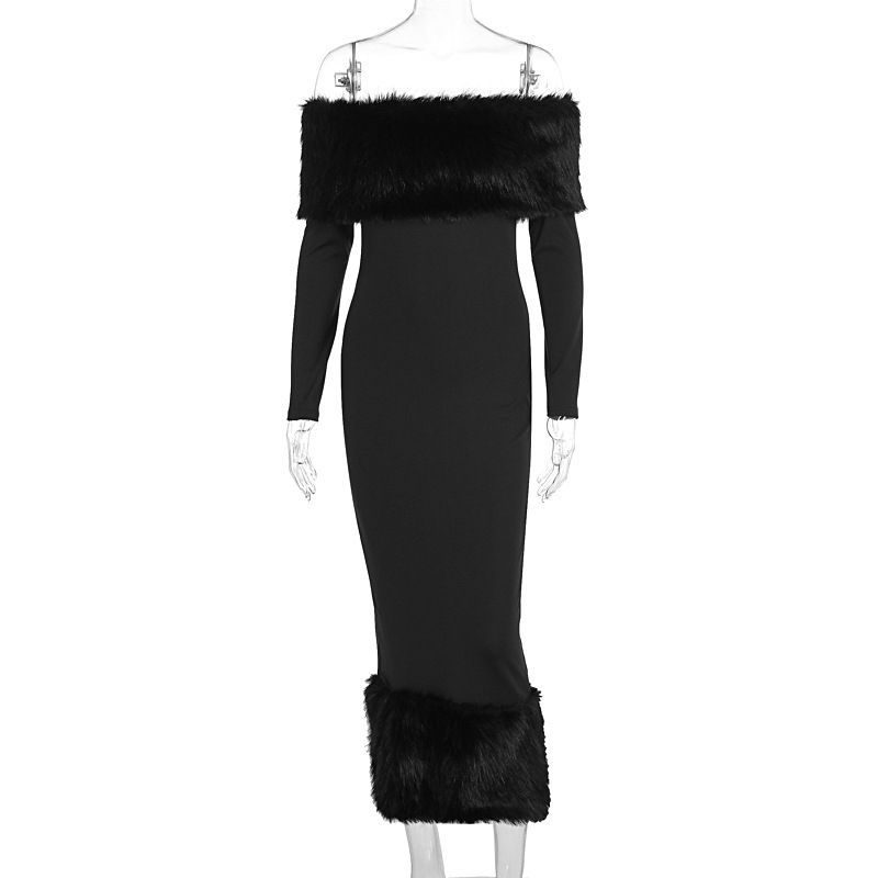 Trendy Elegant Off The Shoulder Slim Waist Long Sleeve Fur Collar Evening Dress New Arrival Formal Party Prom Gown Dress_ecoleips.com
