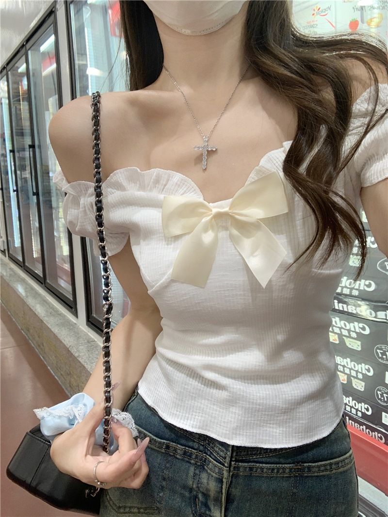 Cool And Silky, Tmall Quality, One-Shoulder Bow Knitted Short-Sleeve T-Shirt For Women_ecoleips.com