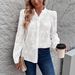 Women's Elegant V Neck Long Sleeve Shirt Semi Transparent Solid Color Button up Top Lace Texture Design All Seasons_ecoleips.com
