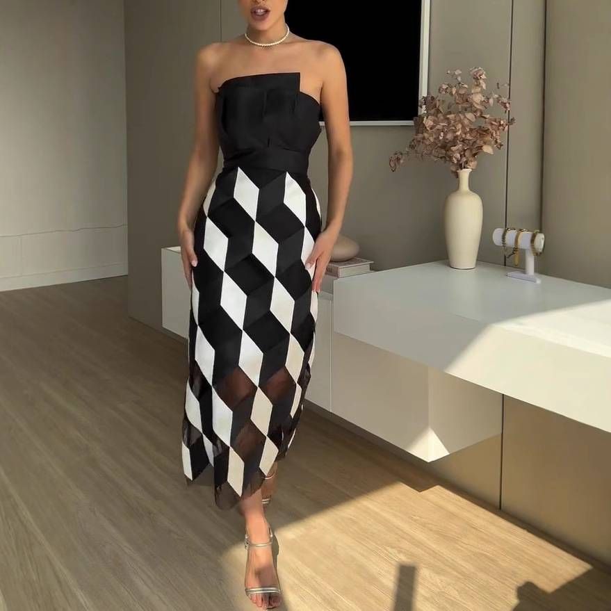 Women's Clothing Sexy Temperament Contrast Color Multi Faceted Tube Top Dress_ecoleips.com