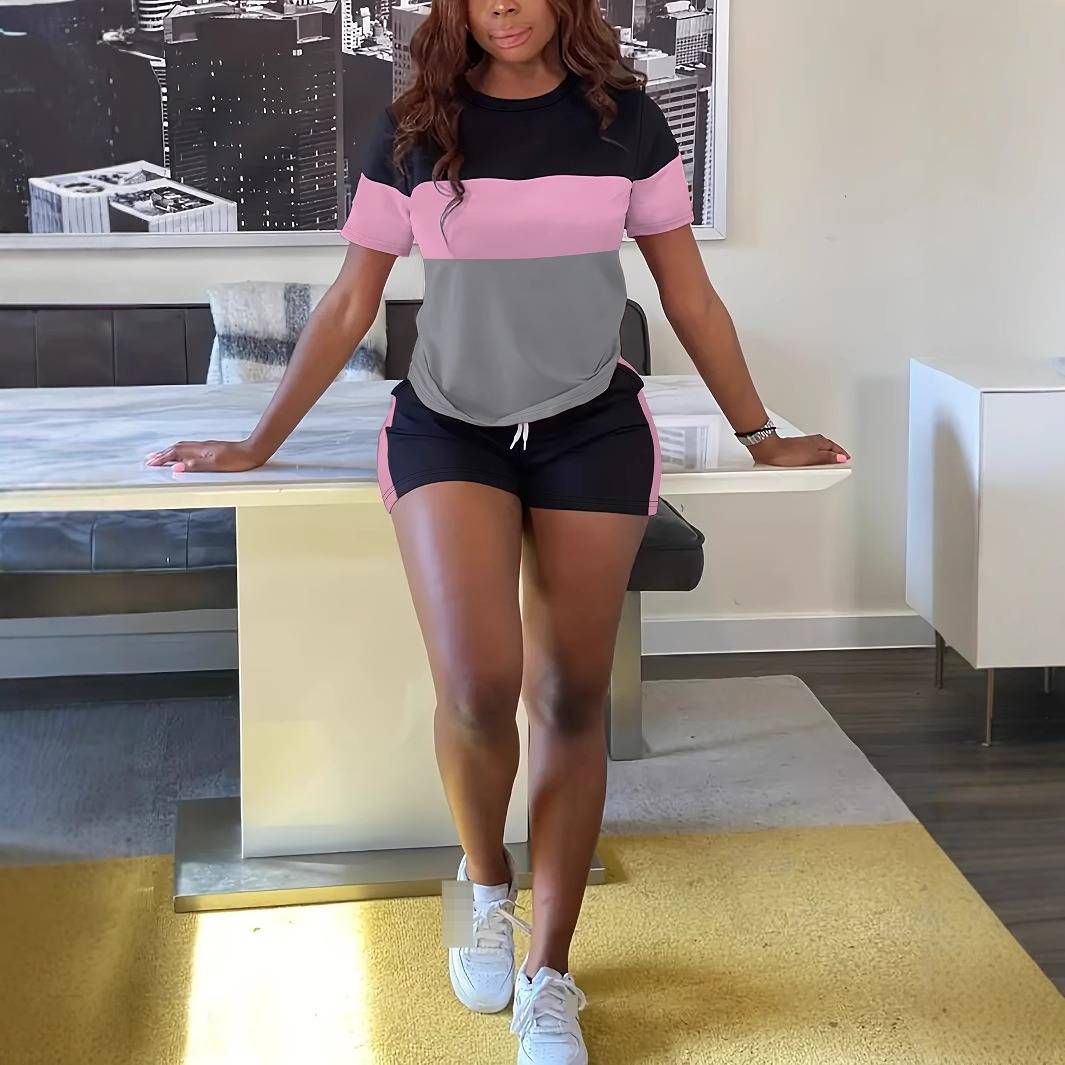 Women's Color-Block Crew Neck Two-Piece Set Short-Sleeve T-Shirt & Shorts Summer Sportswear European American Style_ecoleips.com