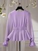 Curvy Women Solid Sheer Chiffon Blouse, V Neck Pearl Buttons Puff Long Sleeve Shirt With Ruffle Cuffs For Daily Outing_ecoleips.com