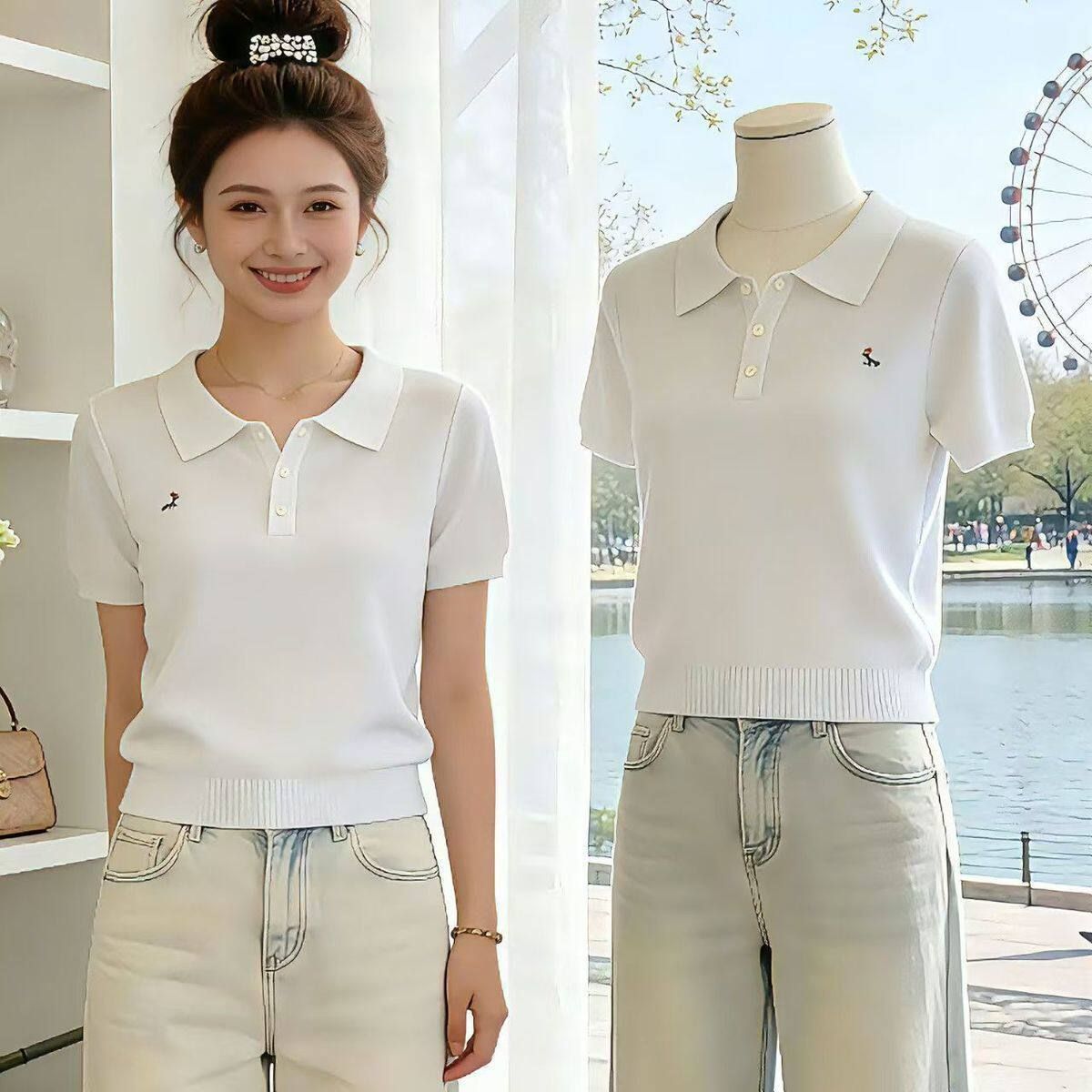 Summer New Women's Sweet Light Blue Collared Short Sleeve Knitted Top Korean Style Gentle Soft T-Shirt 2026_ecoleips.com