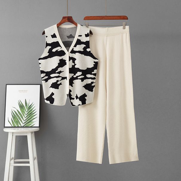 Leopard Print Knit Set Sleeveless Cross Border Cardigan Spring Summer Loose Fitting Elegant Top Casual Sporty Wide Leg Pants Two Piece_ecoleips.com
