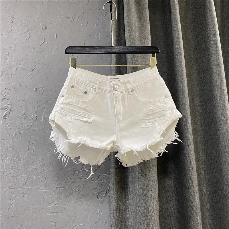 European Style White Denim Shorts For Women, 2026 New Summer Style, Hot Girl Ripped Jeans, Casual And Fashionable Wide Leg A Line Hot Pants_ecoleips.com