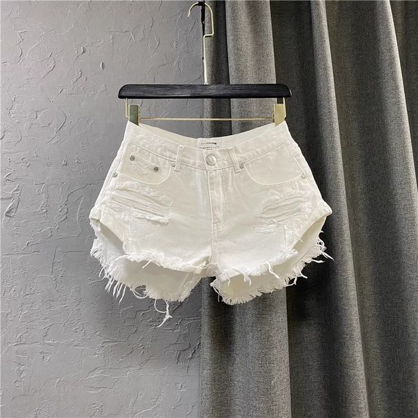 European Style White Denim Shorts For Women, 2026 New Summer Style, Hot Girl Ripped Jeans, Casual And Fashionable Wide Leg A Line Hot Pants_ecoleips.com