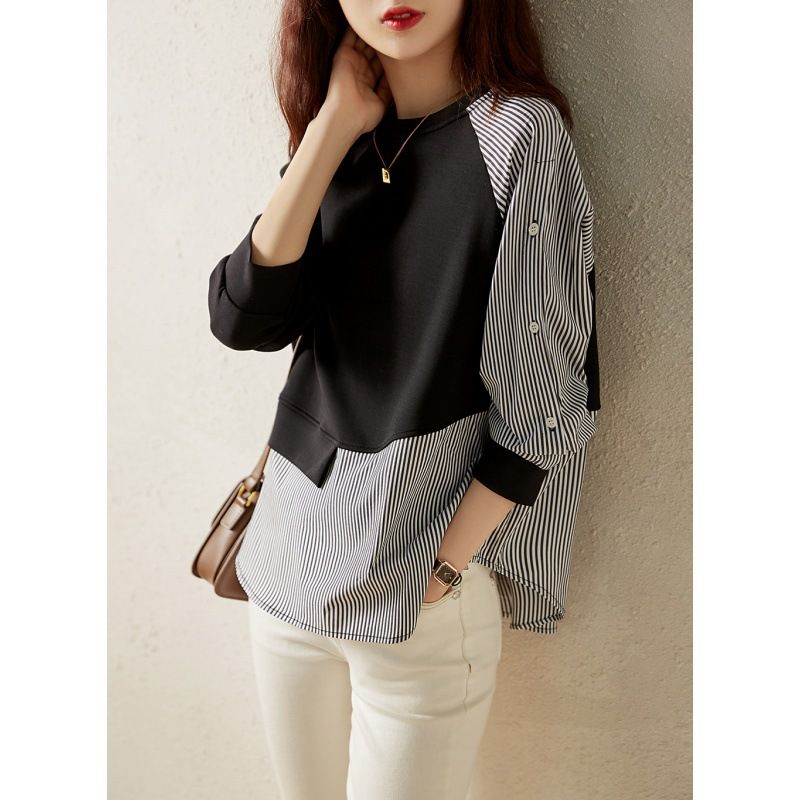 Asymmetrical Striped Contrast Panel Drop Shoulder Batwing Sleeve Relaxed Fit Round Neck Pullover Sweatshirt For Women_ecoleips.com