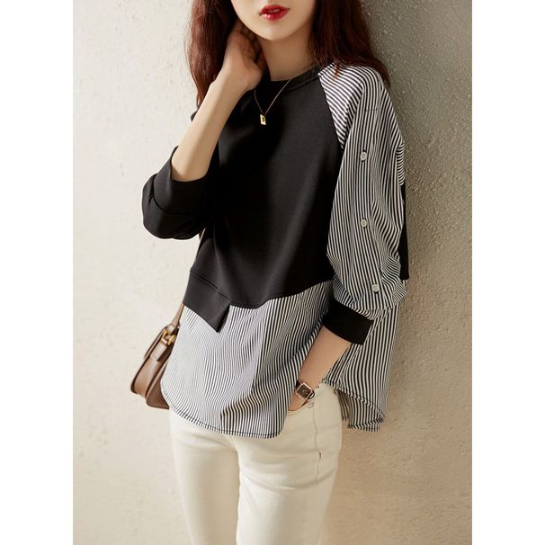 Asymmetrical Striped Contrast Panel Drop Shoulder Batwing Sleeve Relaxed Fit Round Neck Pullover Sweatshirt For Women_ecoleips.com