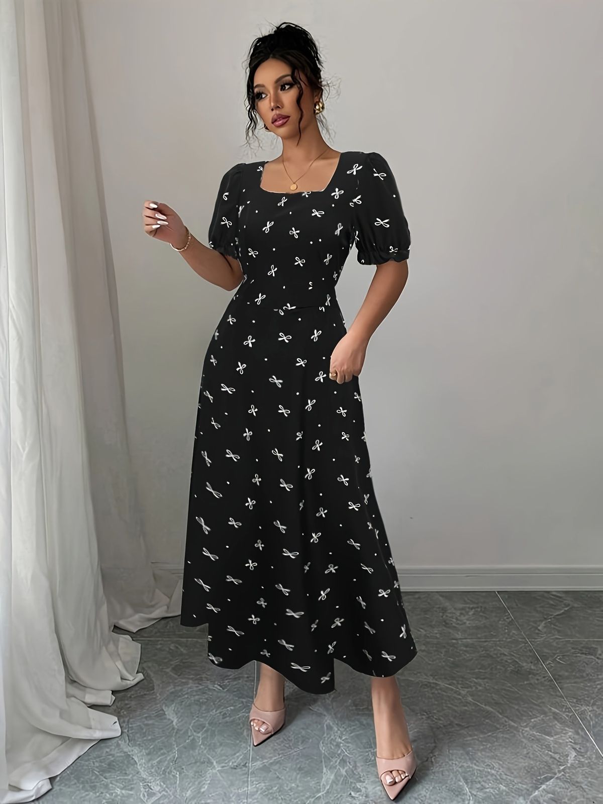 Women's European American Style Short Sleeve Long Dress Waist Cinching Bow Decoration Versatile Print Clothing_ecoleips.com