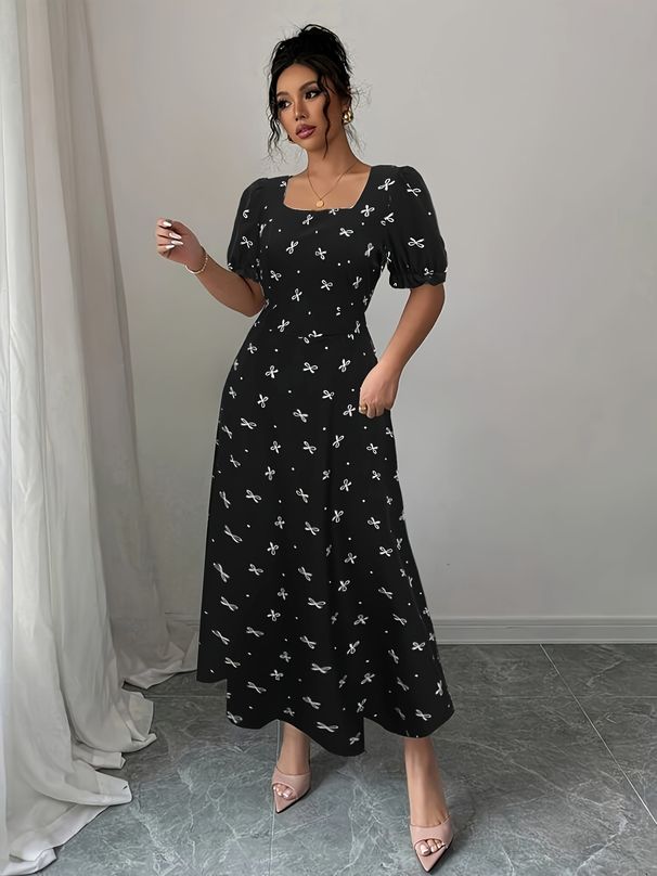Women's European American Style Short Sleeve Long Dress Waist Cinching Bow Decoration Versatile Print Clothing_ecoleips.com